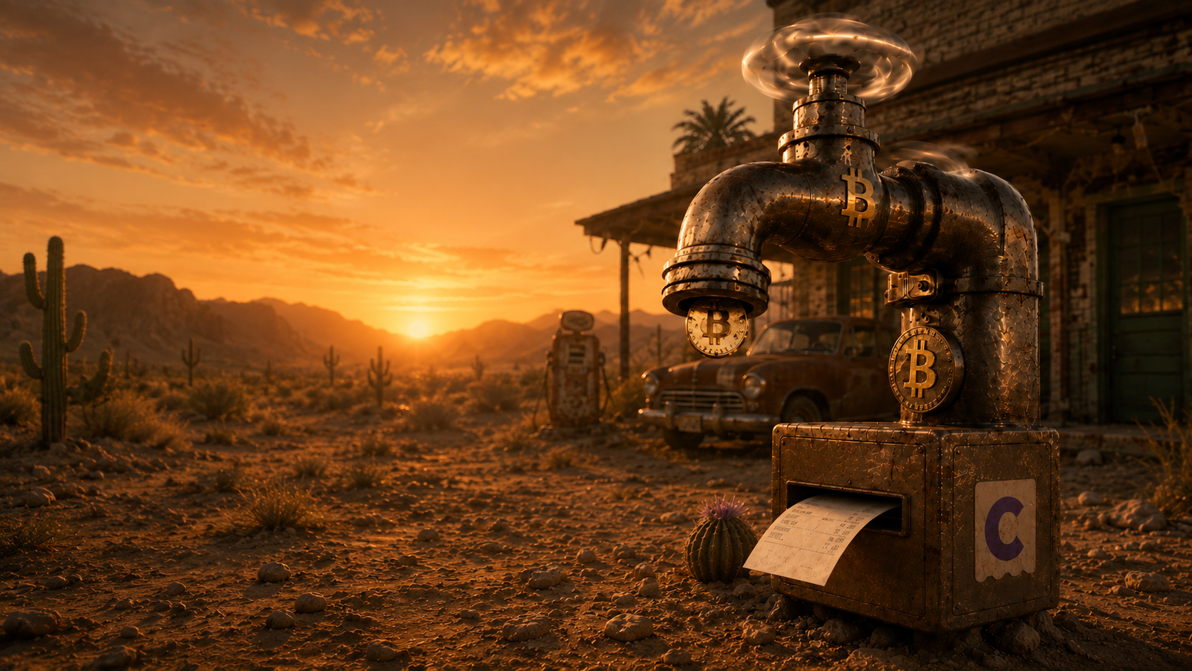 A rusted metal Bitcoin faucet at a desert outpost — a verified receipt feeds into the RECEIPT IN slot marked with the purple Crinkl C, and a Bitcoin coin emerges from the spout.