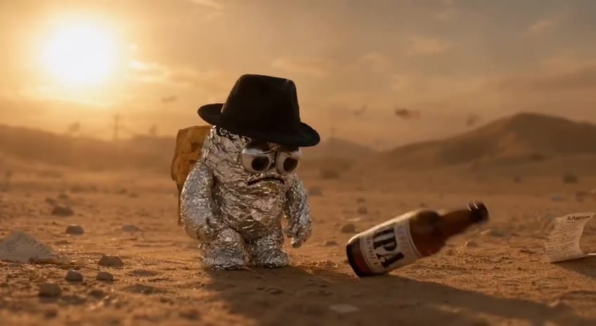 Payoff, a small foil-wrapped agent in a black hat, in the desert